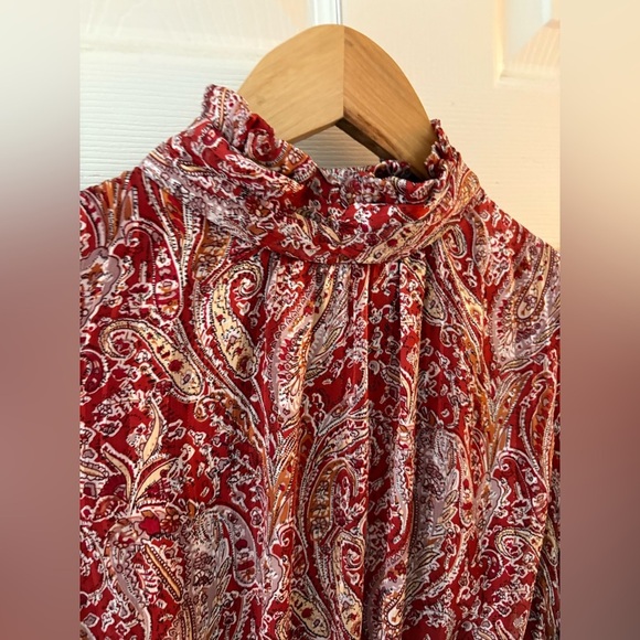 Lulus small rust red paisley mini dress mock neck balloon sleeve wrap skirt - Picture 5 of 14